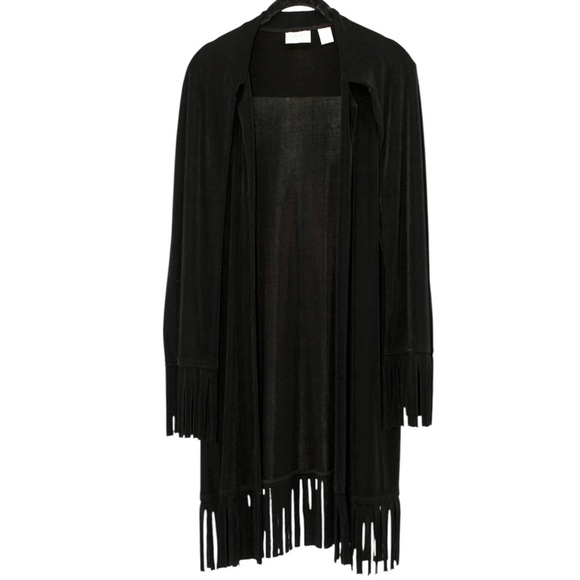 Chico’s Travelers Black Fringe Hem Long Length Cardigan Size S/4 - Picture 2 of 10